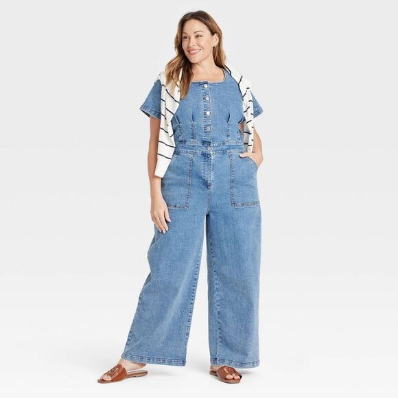 Ava & Viv - Women's Short Sleeve Button-Front Jumpsuit - Ava & Medium Wash - Picture 3 of 3